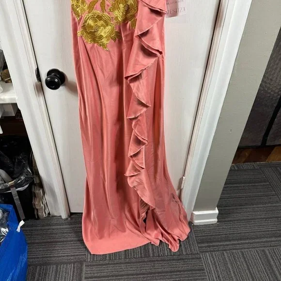 Mestiza New York Pink Satin Floral Appliqué Ruffle Gown Size 8